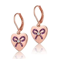 Lab Created 18K Rose Gold Plated with Cear Cubic Zirconia Infinity Ribbon Paved on Heart Shaped Dangle Earrings for Kids/ Teens