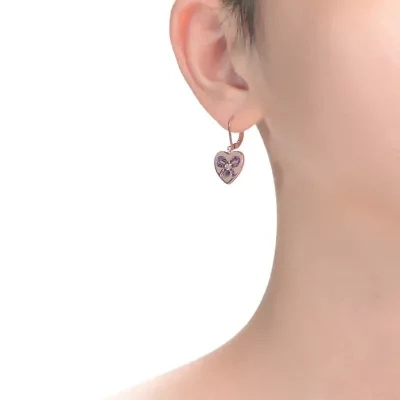 Lab Created 18K Rose Gold Plated with Cear Cubic Zirconia Infinity Ribbon Paved on Heart Shaped Dangle Earrings for Kids/ Teens