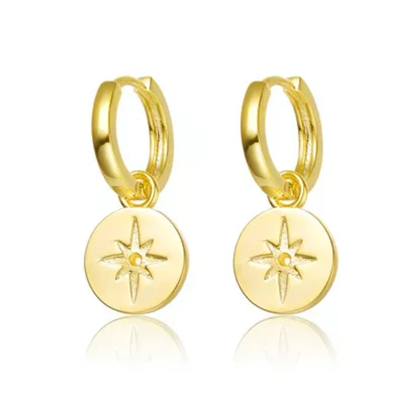 Lab Created 14K Gold Plated With Star paved on Round Bar Drop Earrings for Kids Teens