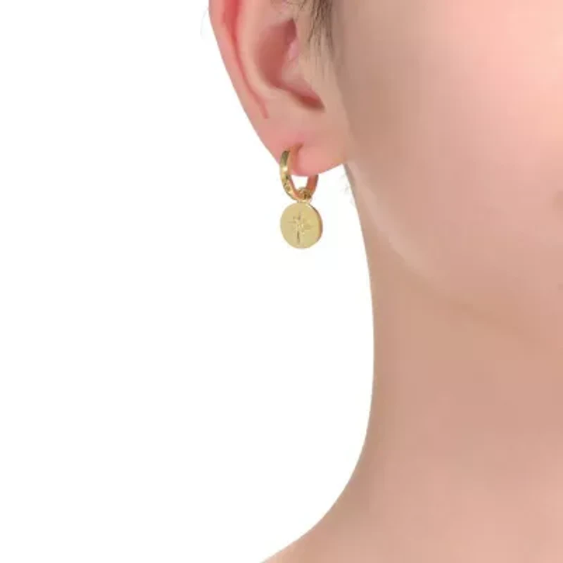 Lab Created 14K Gold Plated With Star paved on Round Bar Drop Earrings for Kids Teens