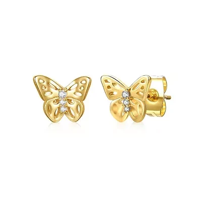 Lab Created 14K Gold Plated with Colored Cubic Zirconia 3-Stone Filigree Butterfly Stud Earrings for Kids