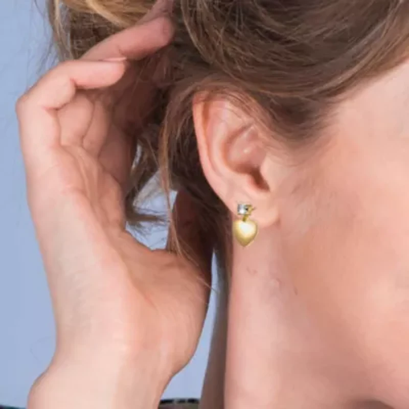 Lab Created 14K Gold Plated with Cubic Zirconia Heart Dangle Earrings for Kids