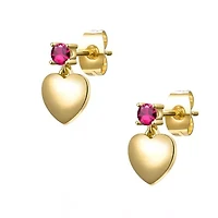 Lab Created 14K Gold Plated with Ruby Red Cubic Zirconia Heart Dangle Earrings for Kids