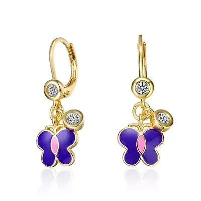 Lab Created 14K Gold Plated Butterfly Dangling earrings with Amethyst Enamel and Clear Cubic Zirconia for Kids