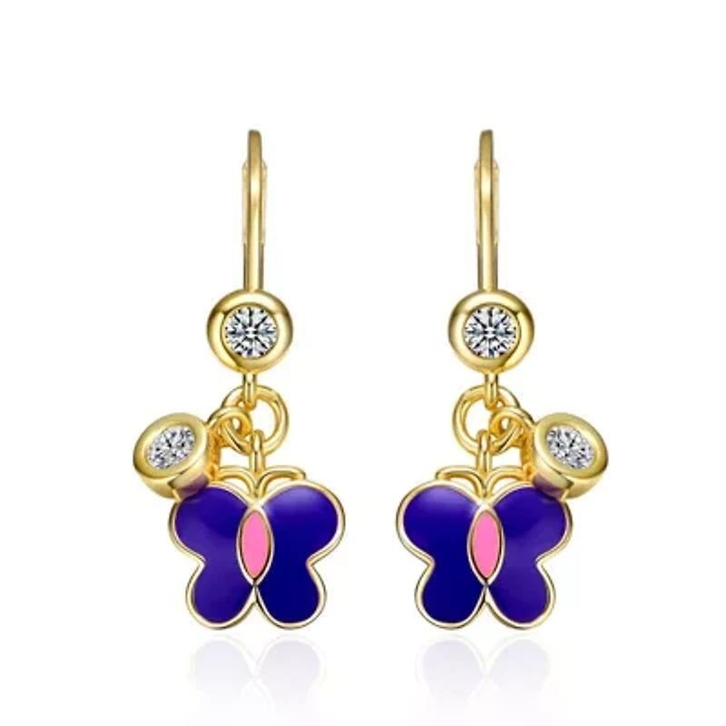 Lab Created 14K Gold Plated Butterfly Dangling earrings with Amethyst Enamel and Clear Cubic Zirconia for Kids