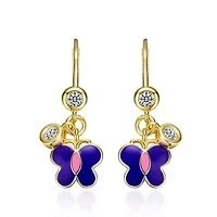 Lab Created 14K Gold Plated Butterfly Dangling earrings with Amethyst Enamel and Clear Cubic Zirconia for Kids