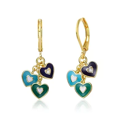Lab Created 14K Gold Plated Dangling Heart Enamel earrings for Kids