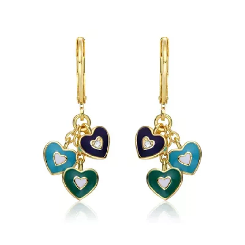 Lab Created 14K Gold Plated Dangling Heart Enamel earrings for Kids