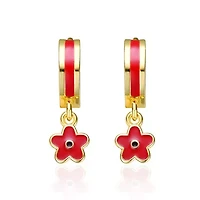 Lab Created 14K Gold Plated with Red Enamel Dangle Flower Earrings for Toddler/Kids