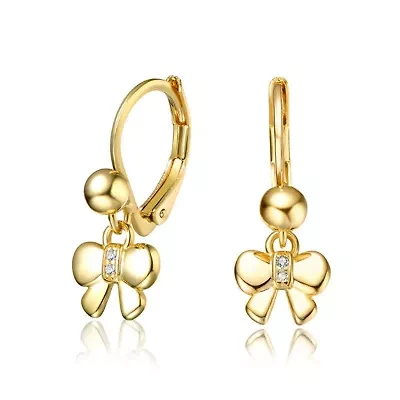Lab Created 14K Gold Plated Bow Dangling earrings with Clear Cubic Zirconia for Kids