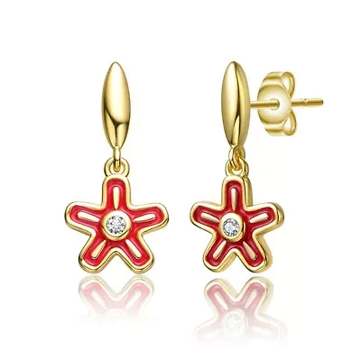 Lab Created 14K Gold Plated with Clear Cubic Zirconia & Red Enamel Dangle Star Flower Earrings for Kids