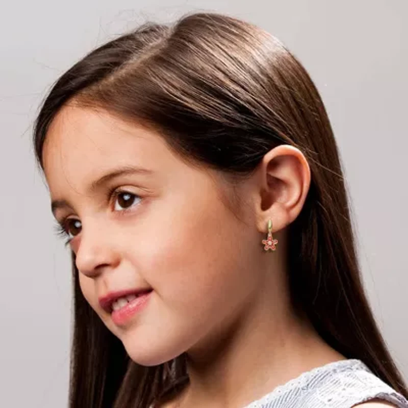 Lab Created 14K Gold Plated with Clear Cubic Zirconia & Red Enamel Dangle Star Flower Earrings for Kids