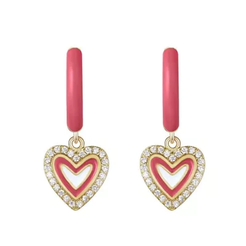 Lab Created 14K Gold Plated with Clear Cubic Zirconia & Magenta-Red Enamel Halo Heart Dangle Charm Hoop Earrings for Kids/teens