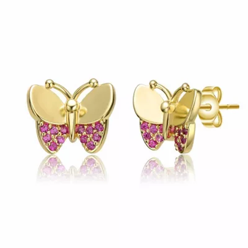 Lab Created 14K Gold Plated with Ruby Cubic Zirconia Pave Butterfly Stud Earrings for Kids