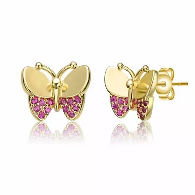 Lab Created 14K Gold Plated with Ruby Cubic Zirconia Pave Butterfly Stud Earrings for Kids