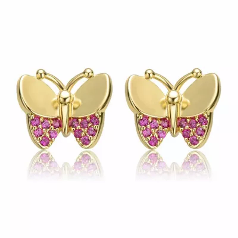 Lab Created 14K Gold Plated with Ruby Cubic Zirconia Pave Butterfly Stud Earrings for Kids