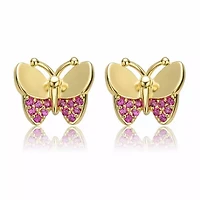 Lab Created 14K Gold Plated with Ruby Cubic Zirconia Pave Butterfly Stud Earrings for Kids