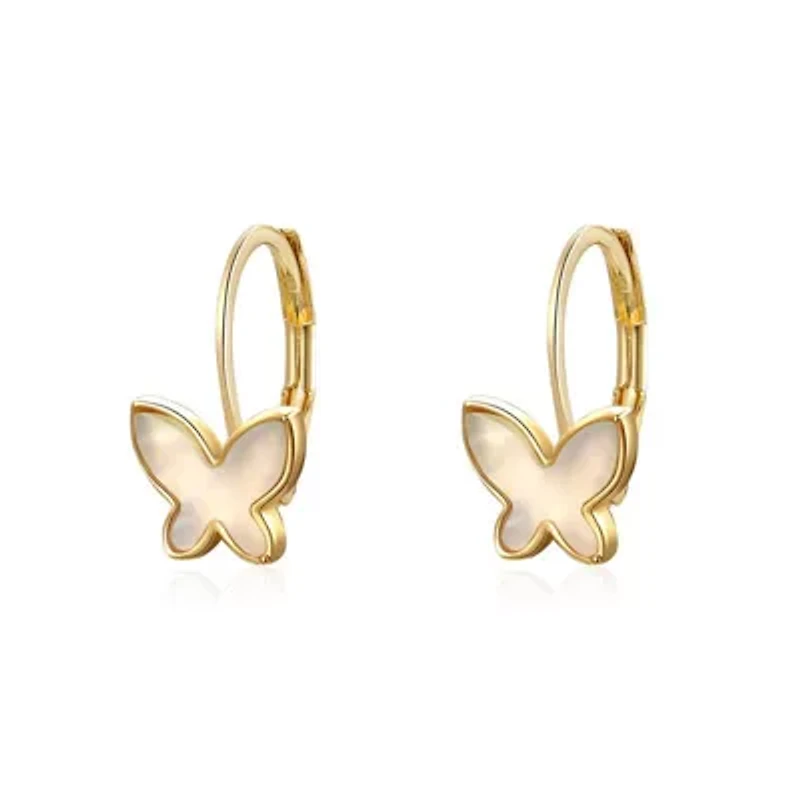 14K Gold Plated with Mother of Pearl Butterfly Inlay Dangle Drop Leverback Earrings for Kids