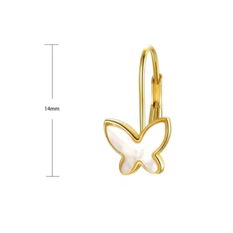 14K Gold Plated with Mother of Pearl Butterfly Inlay Dangle Drop Leverback Earrings for Kids