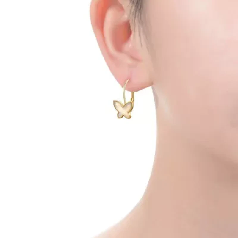 14K Gold Plated with Mother of Pearl Butterfly Inlay Dangle Drop Leverback Earrings for Kids