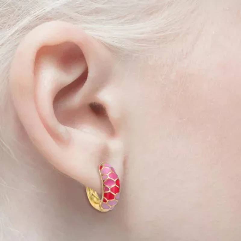 Lab Created 14K Gold Plated with Pink Enamel Sunset Stained Glass Snake Scale Hoop Earrings For Teens