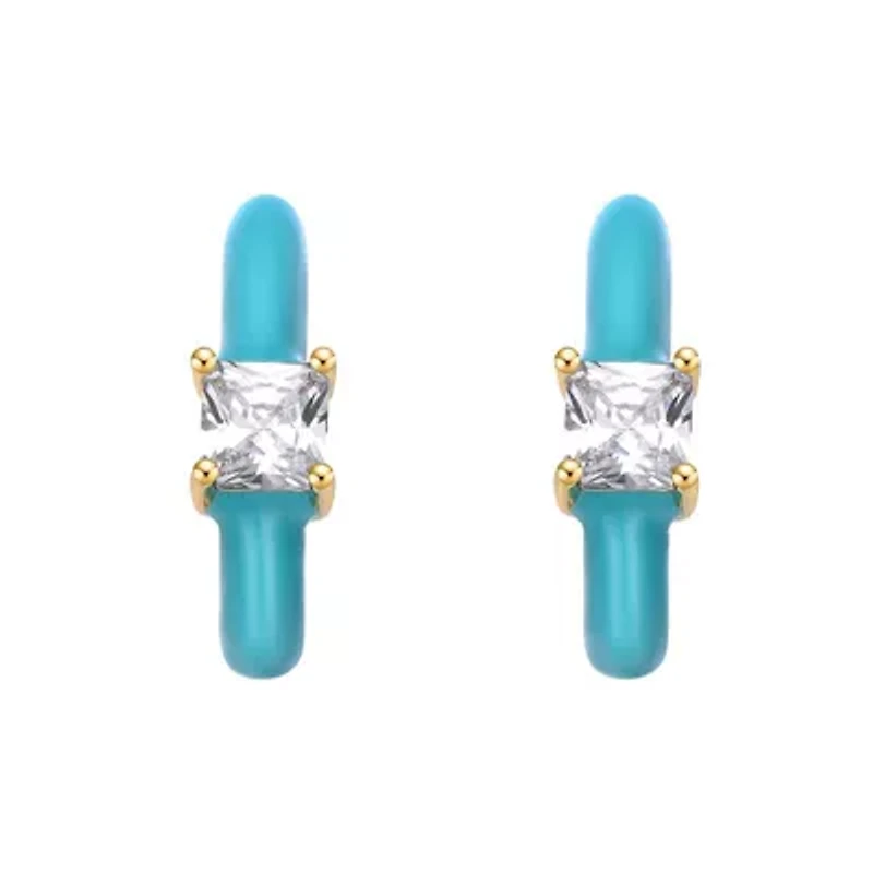 Lab Created 14K Gold Plated with Clear Cubic Zirconia Blue Turquoise Enamel C-Hoop Earrings for Kids
