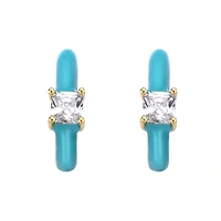 Lab Created 14K Gold Plated with Clear Cubic Zirconia Blue Turquoise Enamel C-Hoop Earrings for Kids