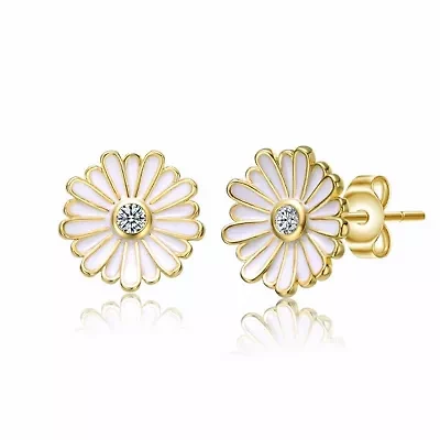 Lab Created 14K Gold Plated with Clear Cubic Zirconia & White Enamel Blooming Daisy Flower Stud Earrings for Teens