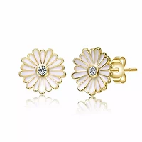 Lab Created 14K Gold Plated with Clear Cubic Zirconia & White Enamel Blooming Daisy Flower Stud Earrings for Teens