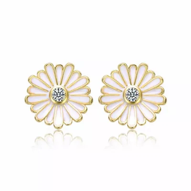 Lab Created 14K Gold Plated with Clear Cubic Zirconia & White Enamel Blooming Daisy Flower Stud Earrings for Teens
