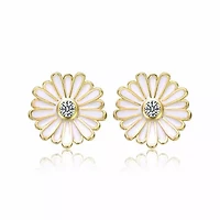 Lab Created 14K Gold Plated with Clear Cubic Zirconia & White Enamel Blooming Daisy Flower Stud Earrings for Teens