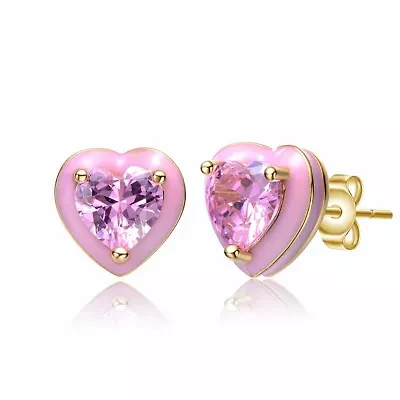 Lab Created 14K Gold Plated with Pink Cubic Zirconia & Pink Enamel Heart Stud Earrings