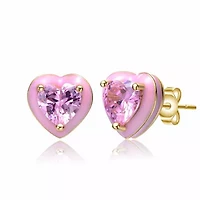 Lab Created 14K Gold Plated with Pink Cubic Zirconia & Pink Enamel Heart Stud Earrings