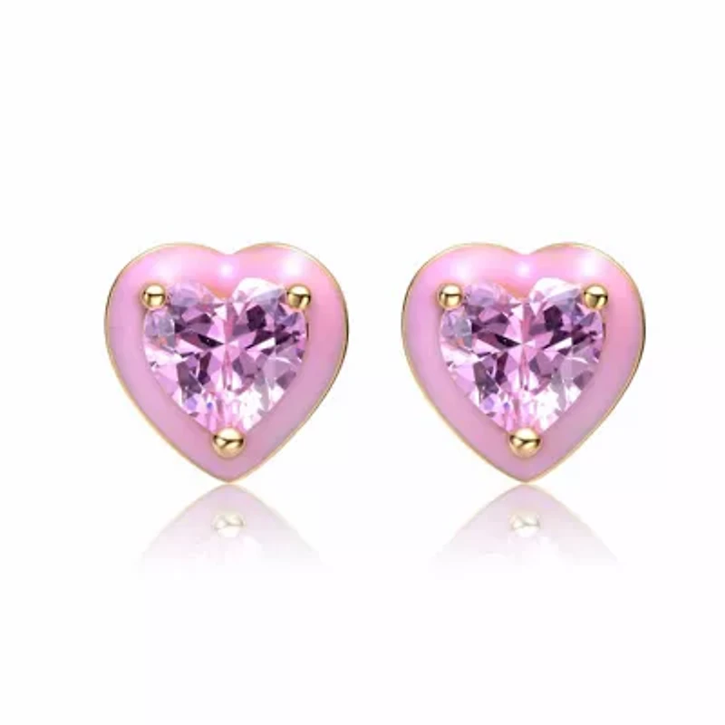 Lab Created 14K Gold Plated with Pink Cubic Zirconia & Pink Enamel Heart Stud Earrings
