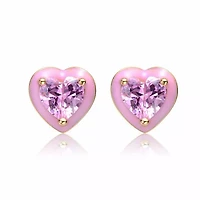 Lab Created 14K Gold Plated with Pink Cubic Zirconia & Pink Enamel Heart Stud Earrings