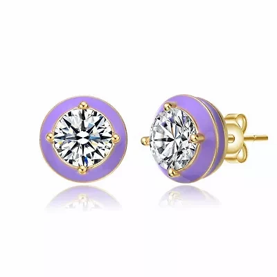 Lab Created 14K Gold Plated with Clear Cubic Zirconia & Purple Enamel Round Stud Earrings for Teens