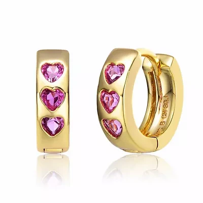 Lab Created 14K Gold Plated with Heart Pink Cubic Zirconia Triple Stone Round Hoop Earrings for Kids/Teens
