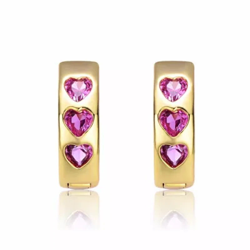 Lab Created 14K Gold Plated with Heart Pink Cubic Zirconia Triple Stone Round Hoop Earrings for Kids/Teens