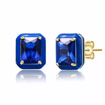 Lab Created 14K Gold Plated with Sapphire Blue Cubic Zirconia & Blue Enamel Stud Earrings