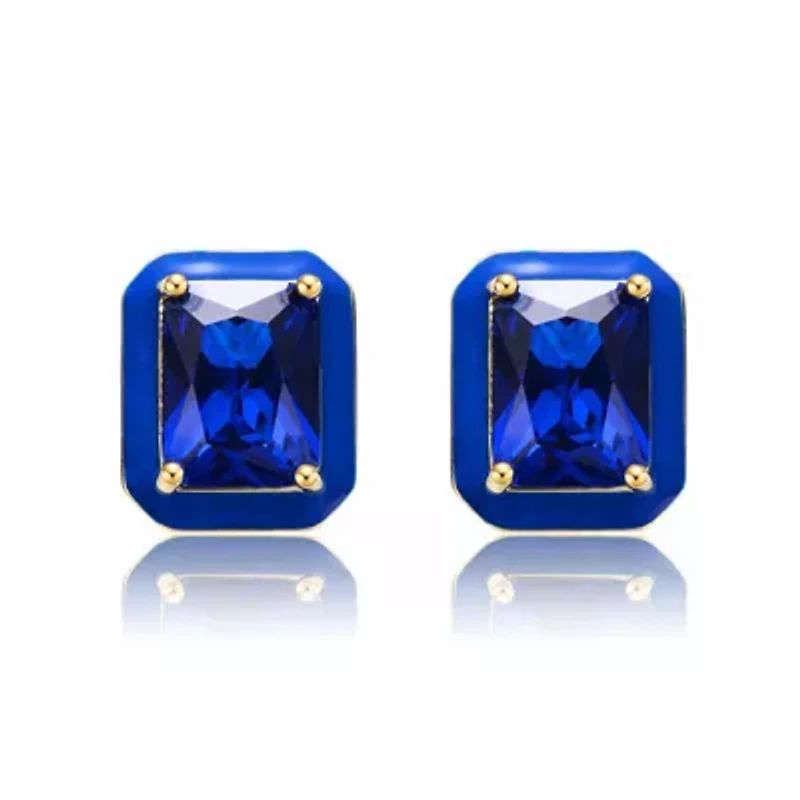 Lab Created 14K Gold Plated with Sapphire Blue Cubic Zirconia & Blue Enamel Stud Earrings