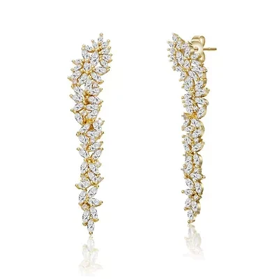 Lab Created 14K Gold Plated Cubic Zirconia Waterfall Cluster Linear Earrings