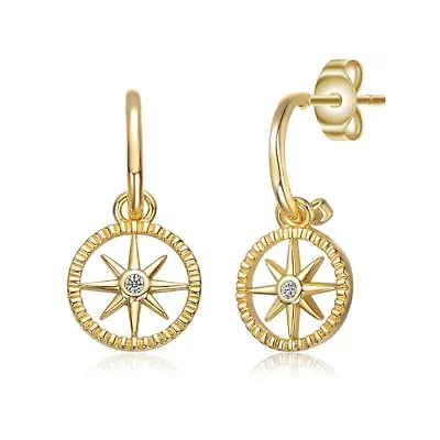 Lab Created 14K Gold Plated with Clear Cubic Zirconia Guiding Star Compass Dangle Earrings