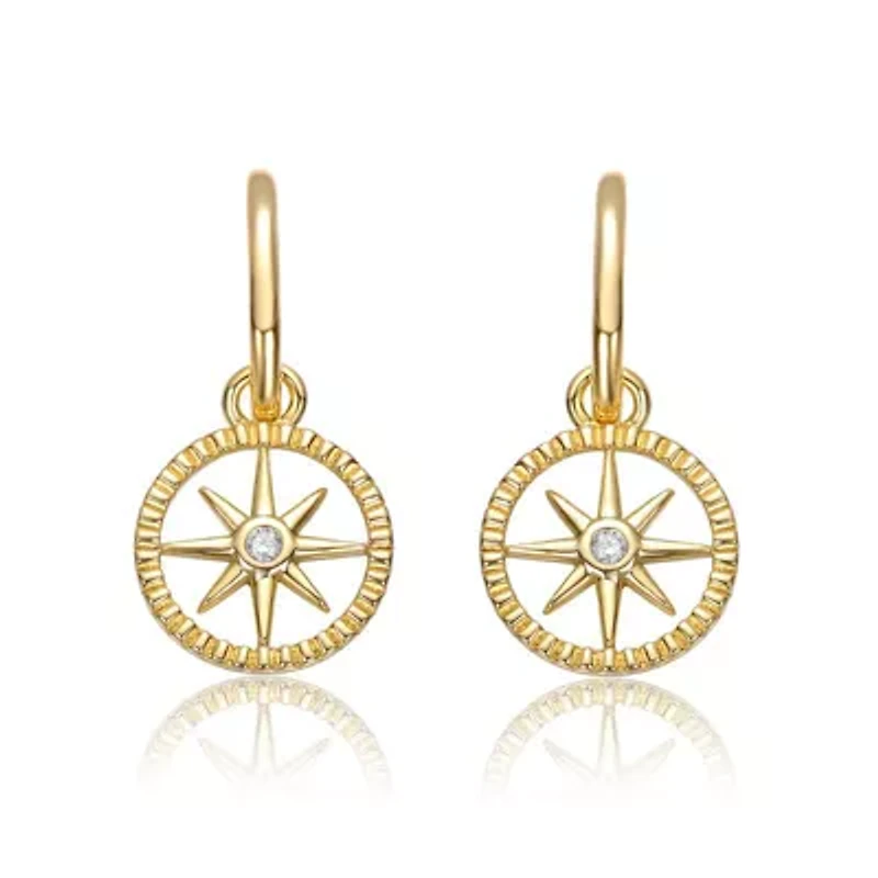 Lab Created 14K Gold Plated with Clear Cubic Zirconia Guiding Star Compass Dangle Earrings