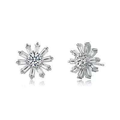 Lab Created White Gold Plated with Clear Cubic Zirconia Floral stud Earrings