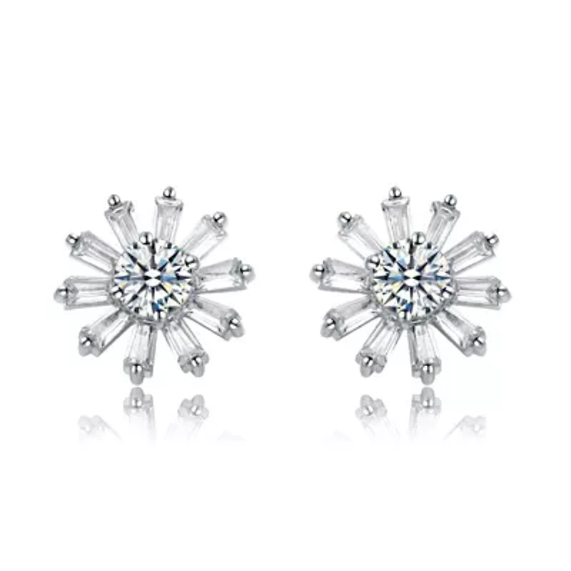 Lab Created White Gold Plated with Clear Cubic Zirconia Floral stud Earrings
