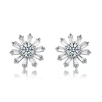 Lab Created White Gold Plated with Clear Cubic Zirconia Floral stud Earrings