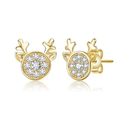Lab Created 14K Gold Plated with Cubic Zirconia Round Reindeer Design Christmas Stud Earrings