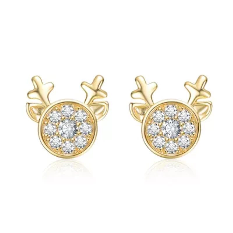 Lab Created 14K Gold Plated with Cubic Zirconia Round Reindeer Design Christmas Stud Earrings