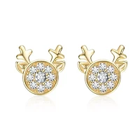 Lab Created 14K Gold Plated with Cubic Zirconia Round Reindeer Design Christmas Stud Earrings