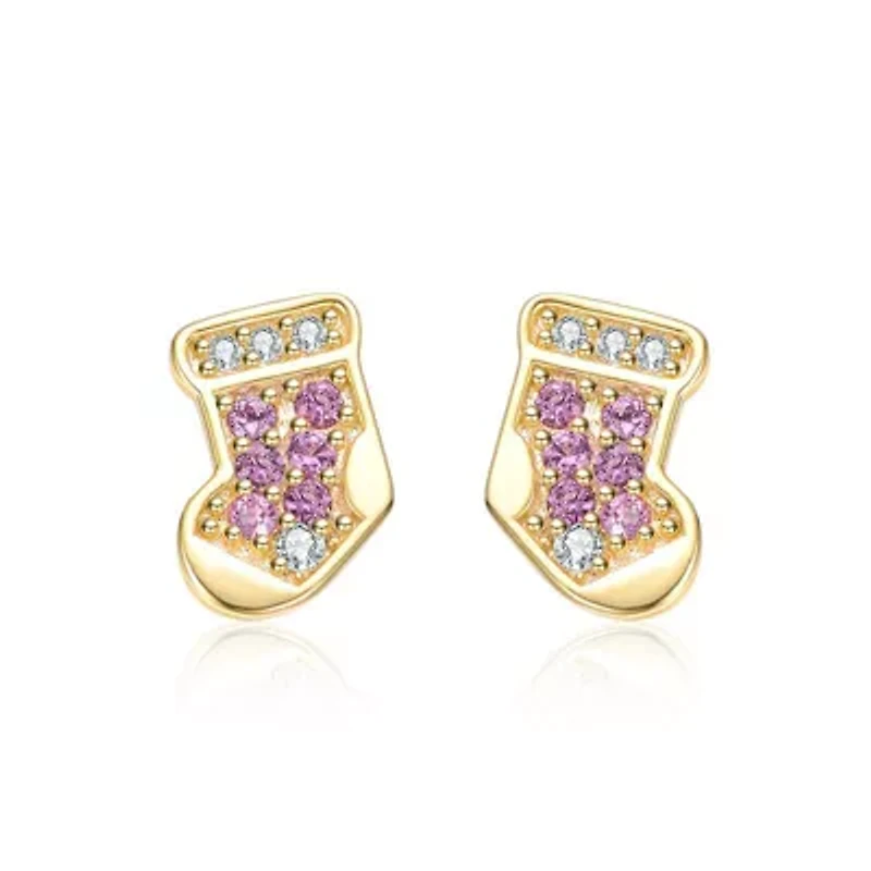 Lab Created 14K Gold Plated with Clear & Pink Cubic Zirconia Christmas Stocking Stud Earrings